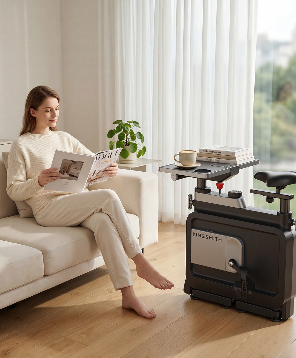 kingsmith-w1b-foldable-bike-reading-relaxation-at-home